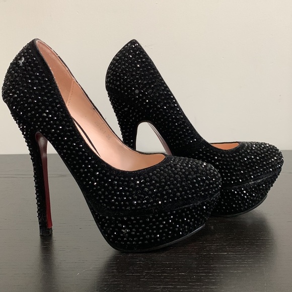 Black suede/rhinestone platform, stilettos - Picture 10 of 13